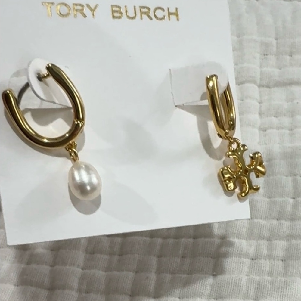 Tory Burch Gold Hoops with Pearl and Logo Charm - Picture 2 of 2